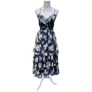Lulus Cultivate Crushes Navy Floral Print Tiered Ruffled Midi Dress Size S